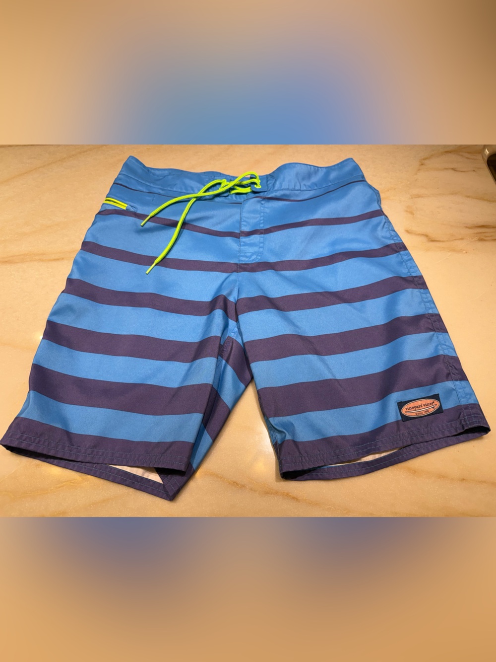 Vineyard Vines Blue and Navy Striped Swim Trunks with Lime Drawstring